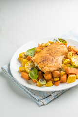 Steamed snapper. Baked Snapper with Roasted Vegetables. Top view.