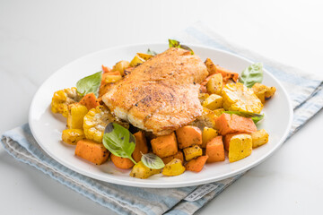 Steamed snapper. Baked Snapper with Roasted Vegetables. Top view.