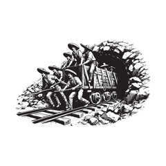 Western Miners in Underground Tunnel – Vintage Black and White Engraving