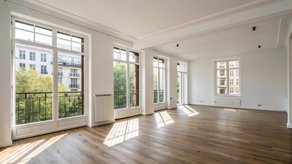 Empty modern apartment interior with large windows and wooden flooring in bright sunlight