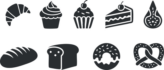 Collection of black silhouette vector icons featuring various bakery products and desserts for food-related design projects