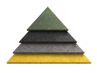 Stacked triangular panels in varying muted colors, forming a pyramid