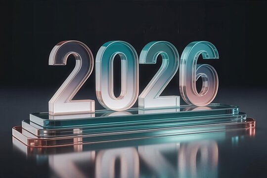 Luxurious 3D rendering of the year 2026 made of glossy crystal and frosted glass with gradient lighting on a dark background, representing the future and new beginnings.