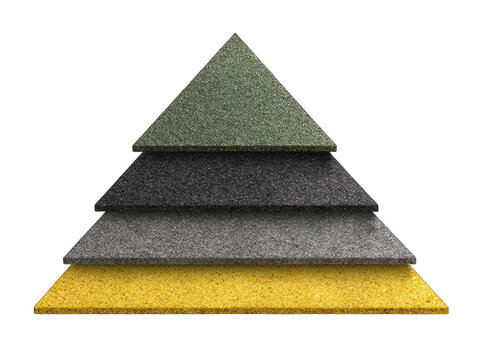 Stacked triangular panels in varying muted colors, forming a pyramid