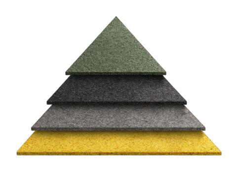 Stacked triangular panels in varying muted colors, forming a pyramid
