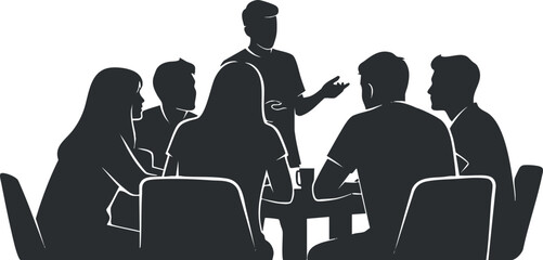 Silhouette vector illustration of a business meeting with participants discussing ideas around a table for corporate branding and teamwork projects