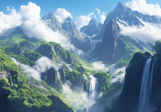 A breathtaking landscape of a mountainous region, featuring towering green peaks partially covered in mist and clouds - Powered by Adobe