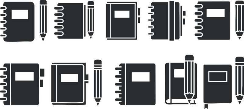 Collection of black and white vector icons featuring notebooks and pencils for educational and office design projects