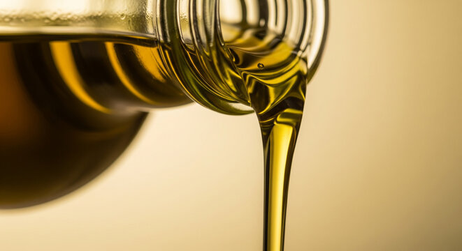 Golden olive oil pouring from glass bottle on warm background.
Golden olive oil pouring from glass bottle on warm background. - Powered by Adobe