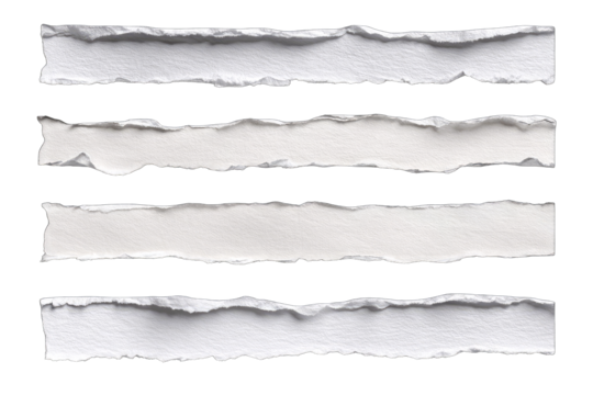 Four horizontal strips of torn white paper
