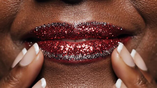 Macro Shot of Glitter Red Lipstick for Holiday Celebration