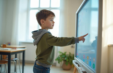 Young boy uses interactive whiteboard for class activity. Child learns modern tech in classroom, points finger at screen, engages in lesson. Future education concept. Elementary school.