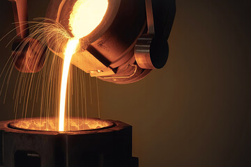 Molten metal stream pouring from a large ladle into a cast mold in a dark industrial factory setting, generating bright sparks and intense heat
