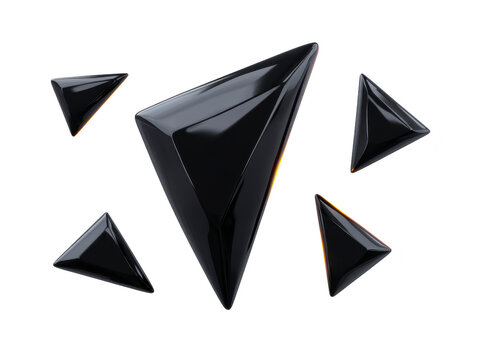 Shiny black geometric triangle shapes with reflective surfaces, floating isolated on transparent background, modern abstract 3D polygonal design, futuristic and elegant style