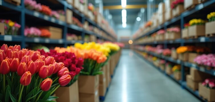Colorful fresh flowers arranged neatly in cardboard boxes on shelves in a refrigerated warehouse. Ready for bulk distribution and transport, awaiting sale by florists and customers.