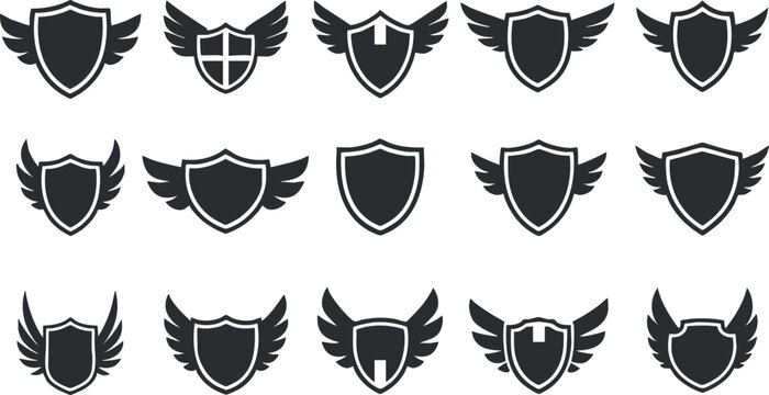 Stylized vector shield icons with wings in a modern flat design, suitable for branding, logos, and emblematic purposes