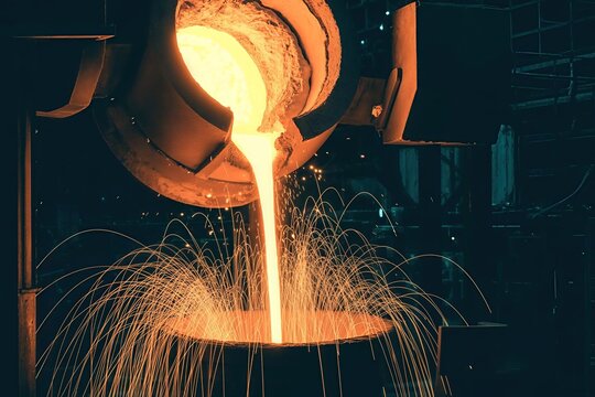 Molten metal pouring from a large crucible into a casting mold in a dark, fiery industrial factory setting, creating bright sparks and intense heat.
