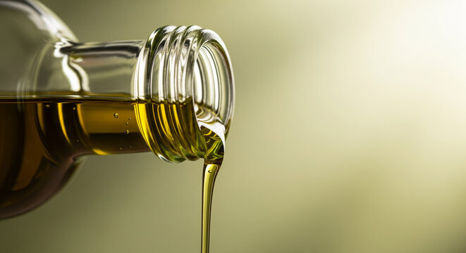 Healthy Pour: Extra Virgin Olive Oil Drizzling from Bottle
A horizontal, close-up studio shot capturing the action of pouring extra virgin olive oil from the neck of a clear glass bottle