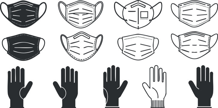 Flat vector illustration set of various face masks and hand gestures for health and safety awareness