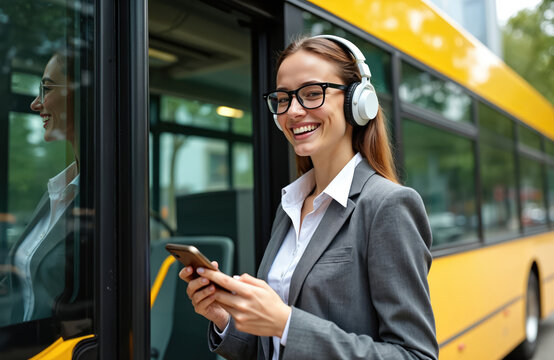 Young woman wearing headphones smiles holding smartphone near yellow bus. She is waiting for public transport and listening to music. Urban commute on city bus.