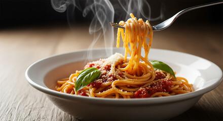 Hot & Fresh: Steaming Spaghetti with Tomato Sauce and Basil
A dramatic and appetizing close-up of a serving of steaming hot spaghetti in a rich tomato sauce