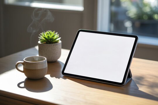 Digital tablet screen mockup standing on a wooden desk with steaming coffee mug and succulent plant, bright natural light for remote work or relaxed lifestyle.