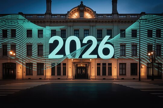Giant glowing 2026 number digitally projected onto a stately neoclassical building facade in a dark urban environment, symbolizing the future and corporate foresight. - Powered by Adobe