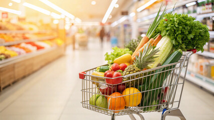 Shopping cart filled with fresh groceries in supermarket aisle