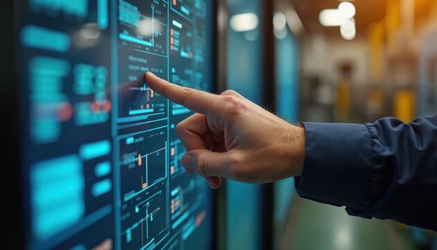 Engineer hand touches digital control panel with graphs and data. Man monitors complex manufacturing process on screen in modern factory. Automation enhances industrial production efficiency.