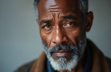 Mature african american man with grey beard looks sad. Close up portrait shows worry and distress. Male feels pain and deep sorrow. Old person has thoughtful sad look.