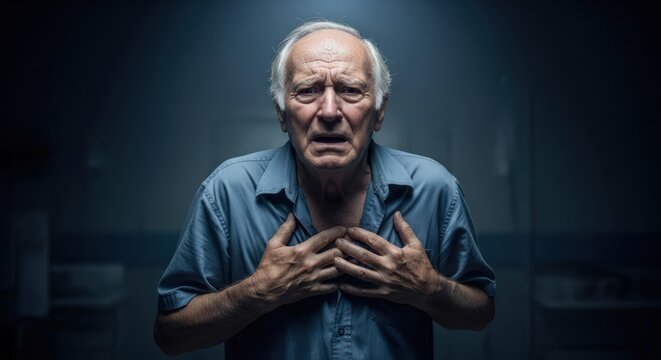 Elderly Man Expressing Fear And Anxiety In Dark Room With Intense Lighting