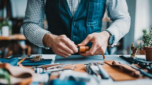 Skilled artisan meticulously shaping handcrafted leather item on workbench, surrounded by various specialized tools and materials