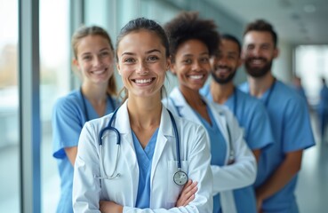 Happy multiracial young doctors, med students stand in hospital corridor. Diverse healthcare team smiles at camera, wearing white coats, blue scrubs. Professional group portrait in modern clinic
