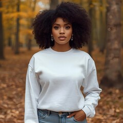 Confident Young Black Woman in White Sweatshirt Posing in Autumn Woods