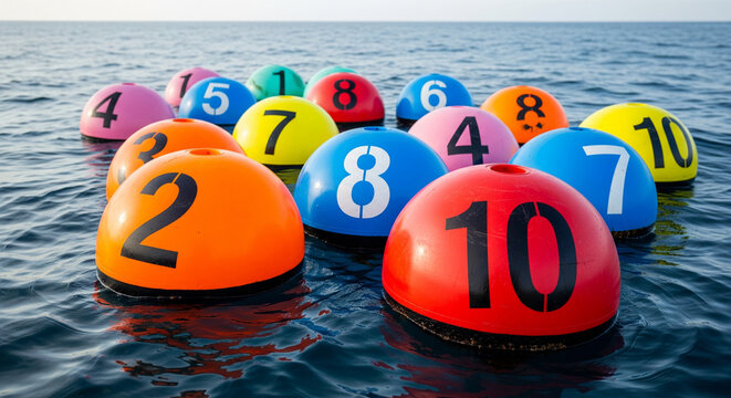 Vibrant Cluster of Numbered Buoys Floating on Open Water
A dynamic cluster of bright, dome-shaped marine buoys floats closely together on the clear blue water