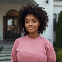 Smiling Young Black Woman in Pink Sweatshirt in Front of Modern Luxury Home