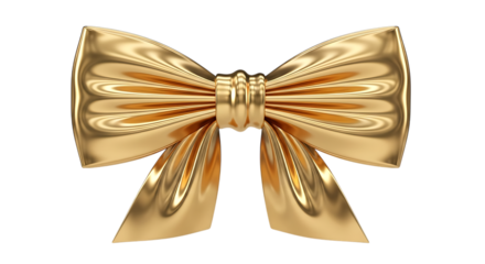 A wide, flat golden ribbon bow with creased folds and elegant tails on a black background golden bow isolated on a transparent background