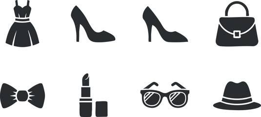 Stylish vector icon set featuring fashion items like dress, shoes, handbag, and accessories for design projects.