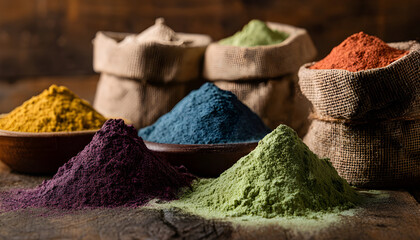 Medium shot of vibrant upcycled flour blends displayed on a wooden table emphasizing zerowaste food innovation for ecoconscious consumers