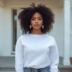 Serious Portrait of Young Black Woman in White Crewneck Sweatshirt and Jeans