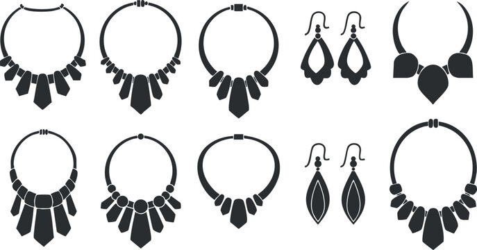 Stylish vector illustration set of jewelry designs featuring necklaces and earrings in a minimalist silhouette style for fashion branding and design projects