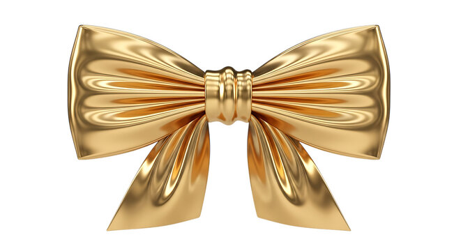 A wide, flat golden ribbon bow with creased folds and elegant tails on a black background golden bow isolated on a transparent background