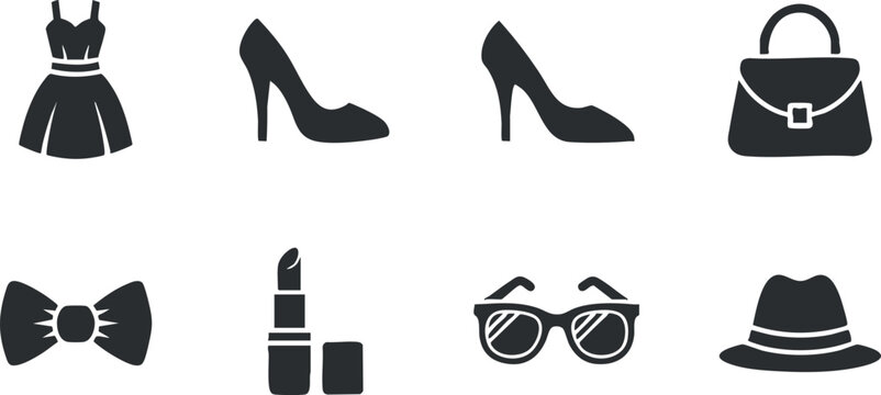 Stylish vector icon set featuring fashion items like dress, shoes, handbag, and accessories for design projects.