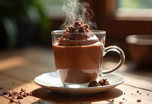Decadent Chocolate Mousse Served in Exquisite Glass Cup Garnished with Dark Chocolate Shavings