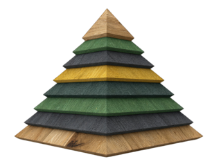 Pyramid-shaped Christmas tree with layered, colored wooden segments