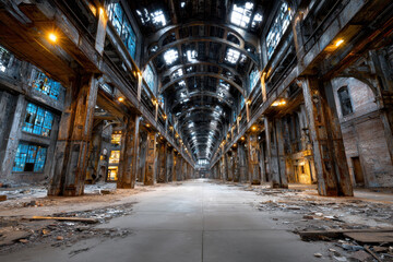Fototapeta premium Abandoned Industrial Building Interior with Broken Windows and Debris