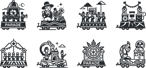 Playful black and white vector illustration collection of parade-themed trains featuring characters and festive elements for event design.