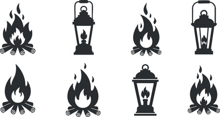 Naklejka premium Silhouette vector icon set featuring campfire and lantern designs for outdoor adventure and camping themes