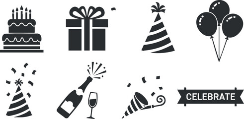 Naklejka premium Set of minimalist black and white vector icons depicting celebration elements such as cake, gifts, balloons, and confetti for party themes.