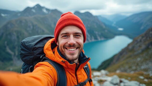 Man in orange jacket takes selfie from mountain top with backpack. Smiling guy enjoys scenic lake view. Active person loves travel and outdoor adventure. Summer hike, blue water.